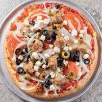 Mediterranean Pizza · Red sauce and mozzarella cheese base. Topped with sausage, onions, black and green olives, t...
