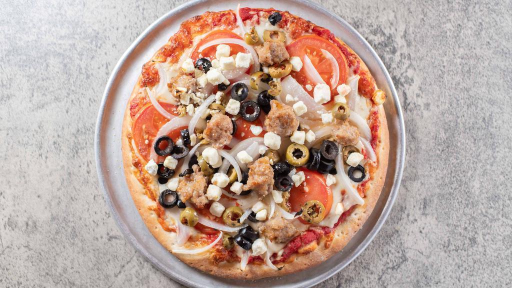 Mediterranean Pizza · Red sauce and mozzarella cheese base. Topped with sausage, onions, black and green olives, tomatoes and feta cheese crumbles.