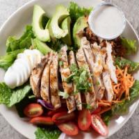 Cobb Salad · Romaine leaves, grilled chicken, bacon, red onion, carrot, tomato, hard boiled egg and avoca...