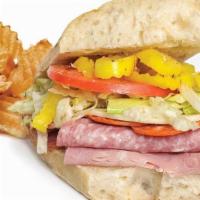 Italian Sub · Salami, ham, pepperoni and provolone cheese topped with banana peppers, shredded lettuce, Pa...