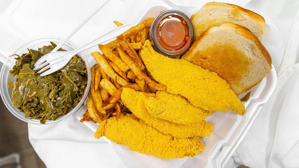 Fried Catfish Dinner · Farmed raised catfish tossed in our house seasoned cornmeal  and deep-fried. Served with your choice of 2 sides and Texas toast.