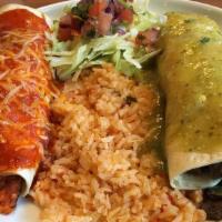 Burritos Dos Amigos · One half stuffed with steak, peppers, onion and beans, the other stuffed with grilled chicke...