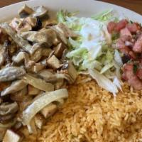 Pollo Sabroso · This house specialty consists of a marinated chicken breast crowned with ﬁve grilled shrimp ...