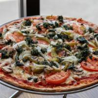 Vegetarian Pizza · Spinach, tomatoes, green peppers, mushrooms, and onions.