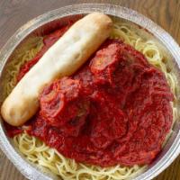 Spaghetti Marinara · Spaghetti noodles topped with our delicious red sauce and served with a cheese filled breads...