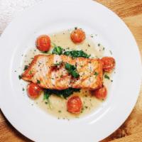 Seared Salmon · Spinach, Lemon, Confit Tomatoes