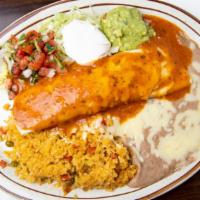 Casa Burrito · A flour tortilla stuffed with chicken or beef, served with rice, beans, lettuce, guacamole, ...
