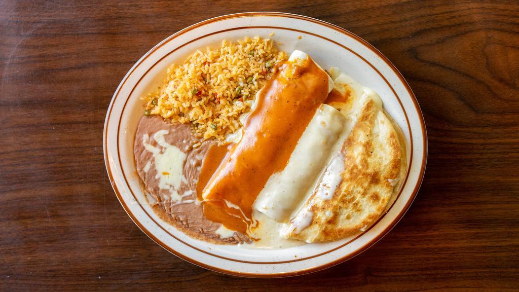Combo (2) · Filled choice: ground beef, chicken, cheese, shredded beef. Served with two sides: rice charro beans, fried beans, black beans, steamed vegetables, guacamole. Burrito, enchilada, chimichanga, tostada, quesadilla, homemade tamal, chile relleno, taco (soft or crispy).