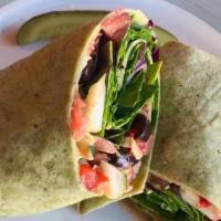 Box Lunch - Mediterranean Veggie Wrap · Red pepper hummus, cukes, artichoke hearts, roasted red peppers, black olives, lettuce. Incl...