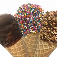 Frozen Drumstick · 2 scoops of our famous vanilla custard in a waffle cone, dipped in chocolate coating & serve...