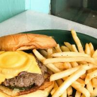 Og Burger · Fresh ground beef with grilled onion, topped with melted american cheese and sliced picked o...