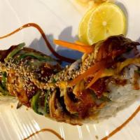 Angry Dragon Roll (10Pcs) · Imitation crab salad, two shrimp tempuras, avocado. Topped with BBQ eel, avocado, spicy mayo...