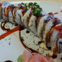 Sunset Roll (10Pcs) · Two shrimp tempuras, imitation crab salad, cucumber, avocado, cream cheese. Topped with oran...