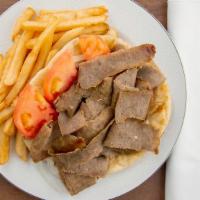 Gyros Plate · Most popular. Includes two pitas, extra meat, fries and salad.