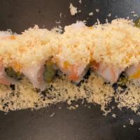 Cherry Blossom Roll (8) · Shrimp, cucumber, mango inside, topped with crab meat, crunch with eel sauce and mango sauce.