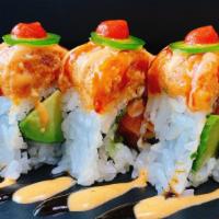 Spicy Killer (8) · Raw or uncooked. Extra spicy. Salmon, avocado inside with spicy tuna, jalapeño, hot sauce, s...