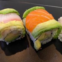 Rainbow Roll (8) · Raw or uncooked. Crab, avocado, cucumber, topped with tuna, yellowtail, salmon and white fish.