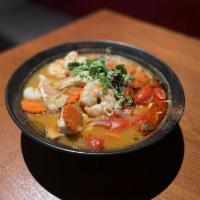 Spicy Seafood Ramen · Shrimp, Scallop, mixed viggie, Spicy thai herb broth