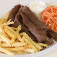 Gyros Plate · Served with onions, tomatoes, sauce, pita bread, fries and soup or salad.
