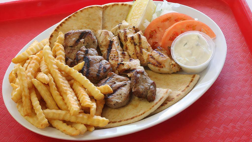 Shish-Ka-Bob Plate · Served with onions, tomatoes, sauce, pita bread, fries and soup or salad.