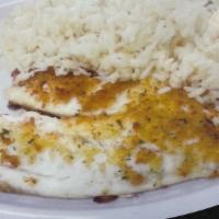 Herb Crusted Tilapia · Includes small salad and bread with choice of fries, rice or baked potato.