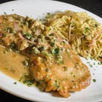 Piccata · Thinly pounded veal or chicken dredged, sauteed in a sauce of lemon, butter, white wine, and...