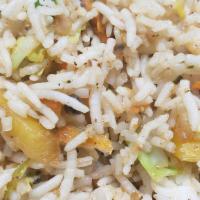 Veg Fried Rice [ V & Gf ] · Aromatic long grain basmati rice cooked with vegetables, Herbs and spices.  [V- vegan can be...