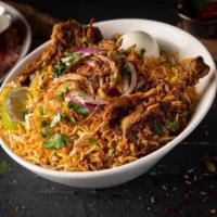 Gongura Goat Dum Biryani · Unique authentic-layered rice dish cooked with goat meat and sour gongura (sorrel leaves), B...