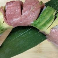 Double Fatty Tuna Roll · Fatty tuna, cucumber, green onions, topped with fatty tuna and avocado.