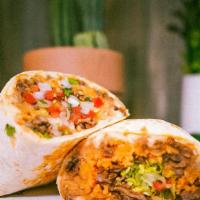 Burro With Meat · Flour tortilla filled with your choice of meat, rice,beans, melted cheese, lettuce and pico ...