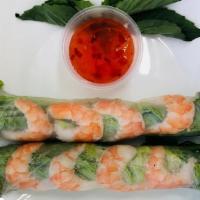 Shrimp Spring Roll (2) · (2) Spring Roll wrapped in edible rice wrapper, with Spinach, Cucumber, Carrots, Green Apple...