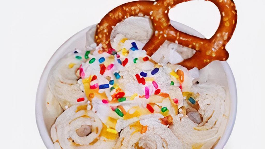 Caramel Pretzel · Mixed with Salty Pretzels and Drizzled with Caramel Syrup. Topped with Whipped Cream, a Salty Caramel, Rainbow Sprinkles, and Caramel Syrup.