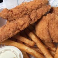 Chicken Strips · Tender all -white meat chicken lightly breaded and fried. Served with seasoned fries and hom...