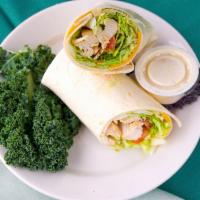 Chicken Ranchero Wrap · Grilled marinated chicken breast, melted cheddar cheese, romaine lettuce, juicy tomatoes, cr...