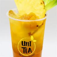 Perfect Trio · Peach oolong tea with pineapple, passion fruit, and peach.