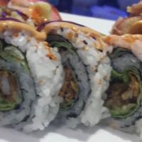 Spider Roll · Fried soft shell crab, cucumber and masago. Cooked fish.