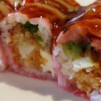 Ooka Roll (10) · Whole lobster tempura, cream cheese, avocado, cilantro, masago and soy paper wrap finished w...