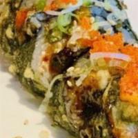 Godzilla Roll (6) · Deep fried salmon, white fish, eel, crab stick and asparagus roll finished with spicy mayo, ...