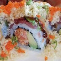 Regatta Roll (8) · Lobster salad and avocado topped with tuna, avocado, eel sauce, spicy mayo and honey wasabi ...