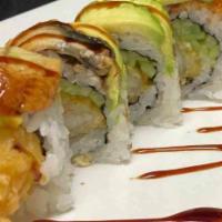 Eel Dragon Roll (8) · Shrimp tempura, cream cheese and cucumber topped with eel and avocado.