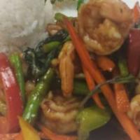 Basil Jumbo Shrimp · Stir-fried with carrots, basil, sprouts, onions and bell peppers in Thai sauce. Spicy. Choos...
