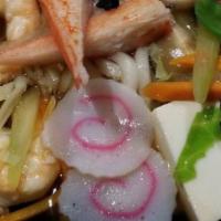 Seafood Udon Soup · Shrimp, scallops, kani, tofu and vegetables.