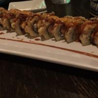 Crazy Monkey Roll · salmon, avocado and cream cheese rolled, battered and deep fried, then topped with spicy may...