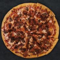 Burly Boy Meat Pizza · Our all-meat pizza with red sauce, pepperoni, sausage, bacon, and our cheese blend on a garl...