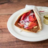 Gyros · Seasoned ground lamb piled high, with mild spanish onions, tomato's  with a side of cucumber...
