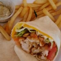 Lisa'S Chicken Strip Wrap · Breaded grilled chicken strips served with tomatoes, lettuce and swiss and american cheese, ...
