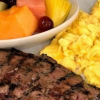 Steak & Eggs · 10-oz. rib-eye with two cage free eggs any style, hash browns, choose pancakes or toast