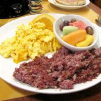 Corned Beef Hash & Eggs · Home made corned beef.. Served with two Grade AA farm fresh eggs, your choice of hash browns...