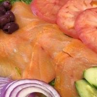 Lox Plate · EGGSPECIALLY GOOD LOX PLATTER. Delicate slice of Nova Scotia lox and. a fresh bagel plated w...