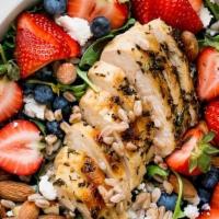 Laura'S Sweet & Wild Salad · Spinach strawberries blueberries roasted pecans avocado, scallions blue cheese and chicken b...